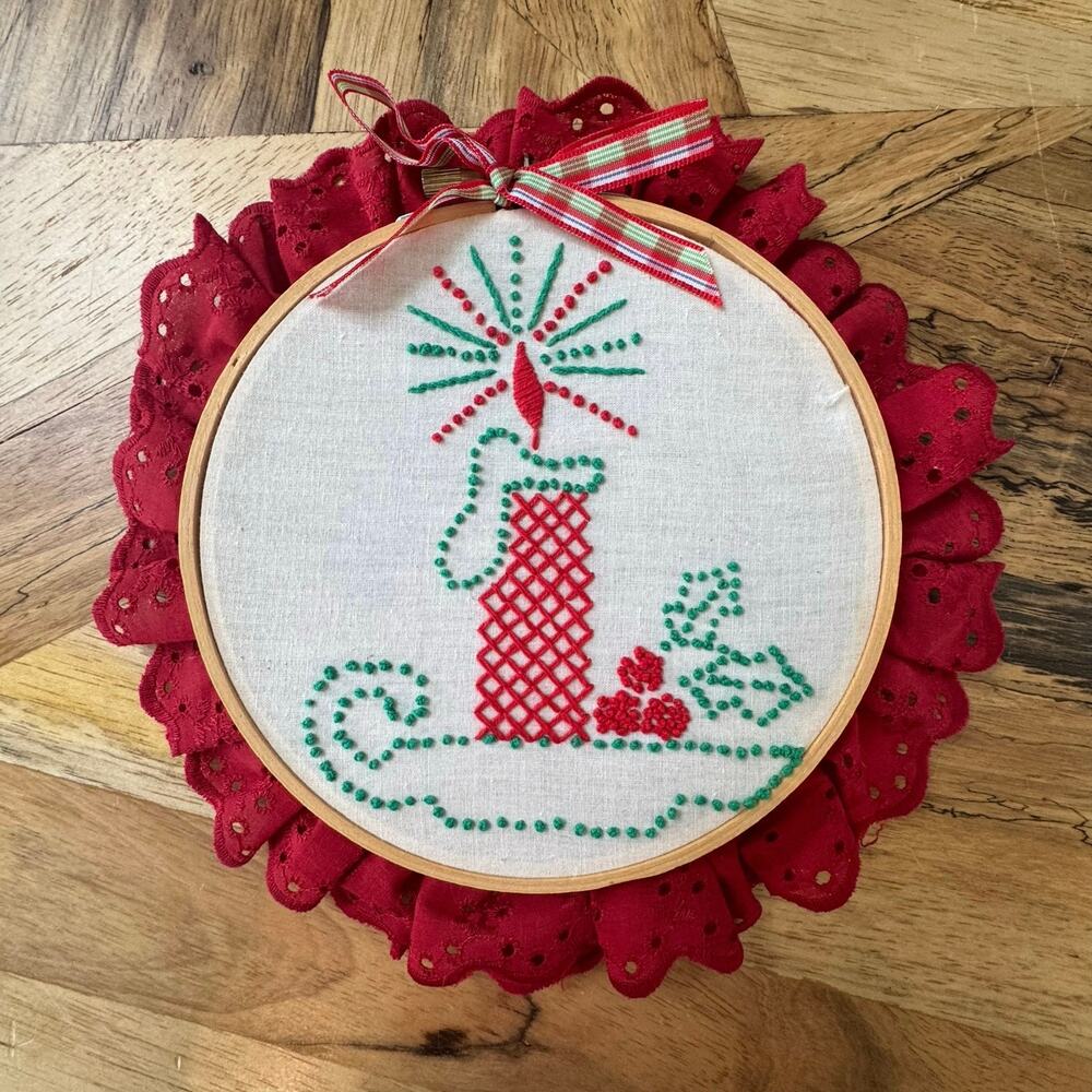 Vintage Christmas Candle Embroidery Hoop Art 8.5” Handmade Holiday Wall Decor